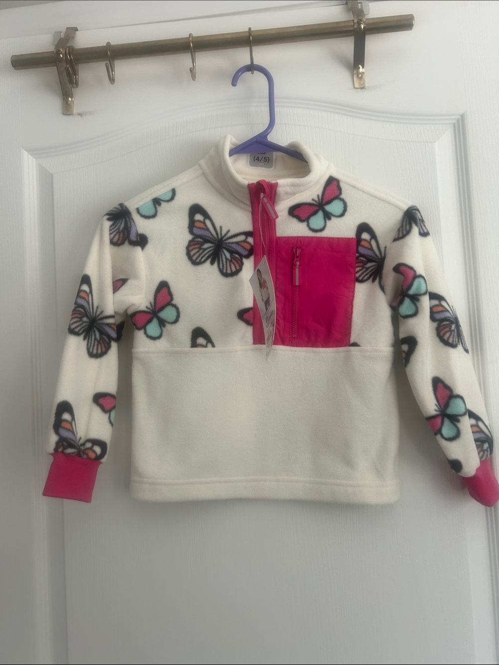 Girls' Butterfly Fleece Pullover Hoodie - White & Pink new xs